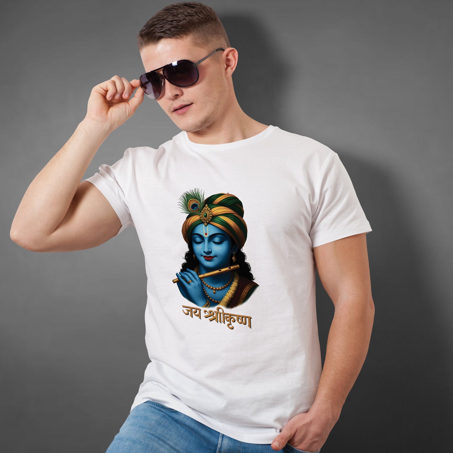 Shree Krishna face printed white premium cotton round neck T-shirt for men by Binayak Stores