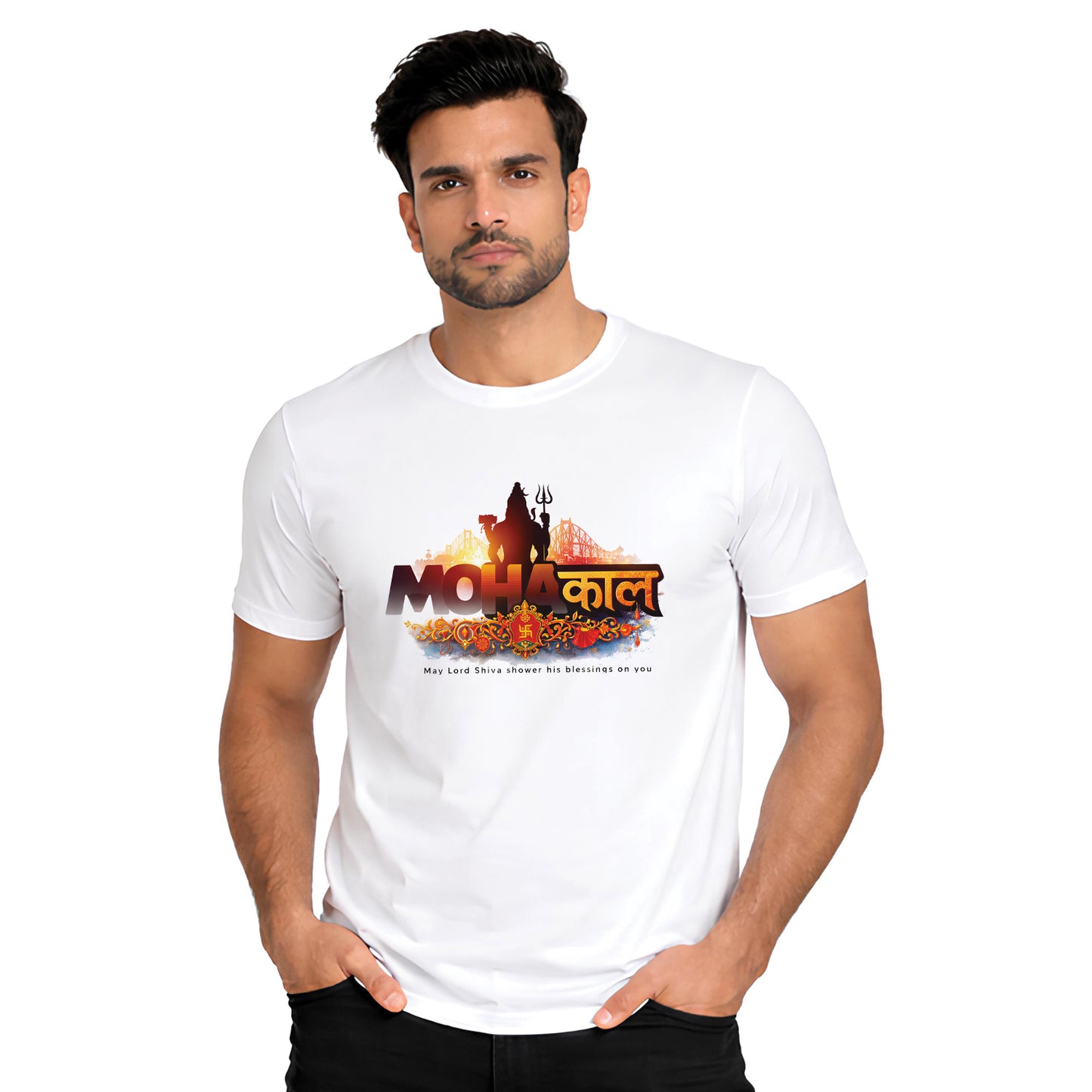 Mahakal Printed White Cotton T-Shirt Side Model View | Binayak Stores