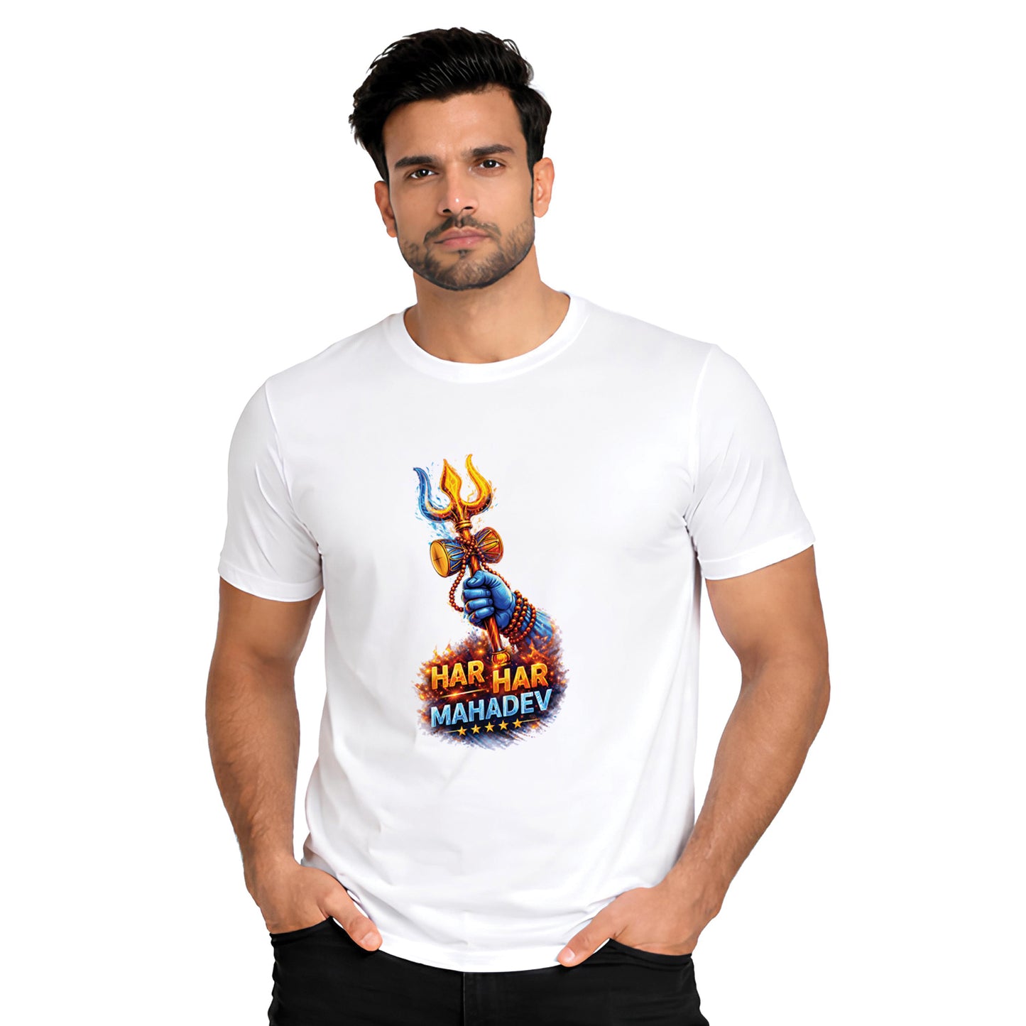 Lord Shiva Graphic White Cotton T-Shirt Side Model View | Binayak Stores