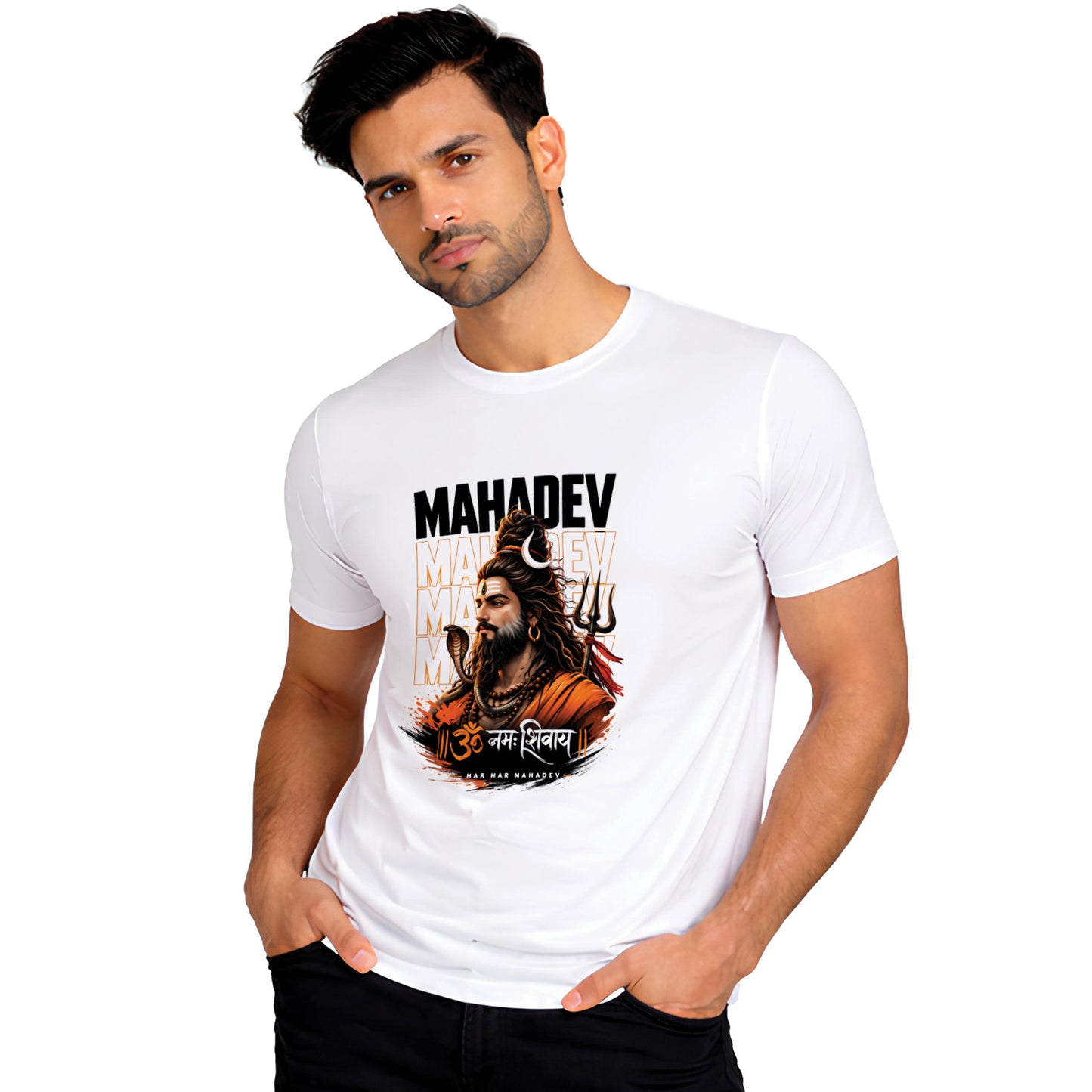 Mahadev Shiva Printed White Cotton T-Shirt Front View | Binayak Stores