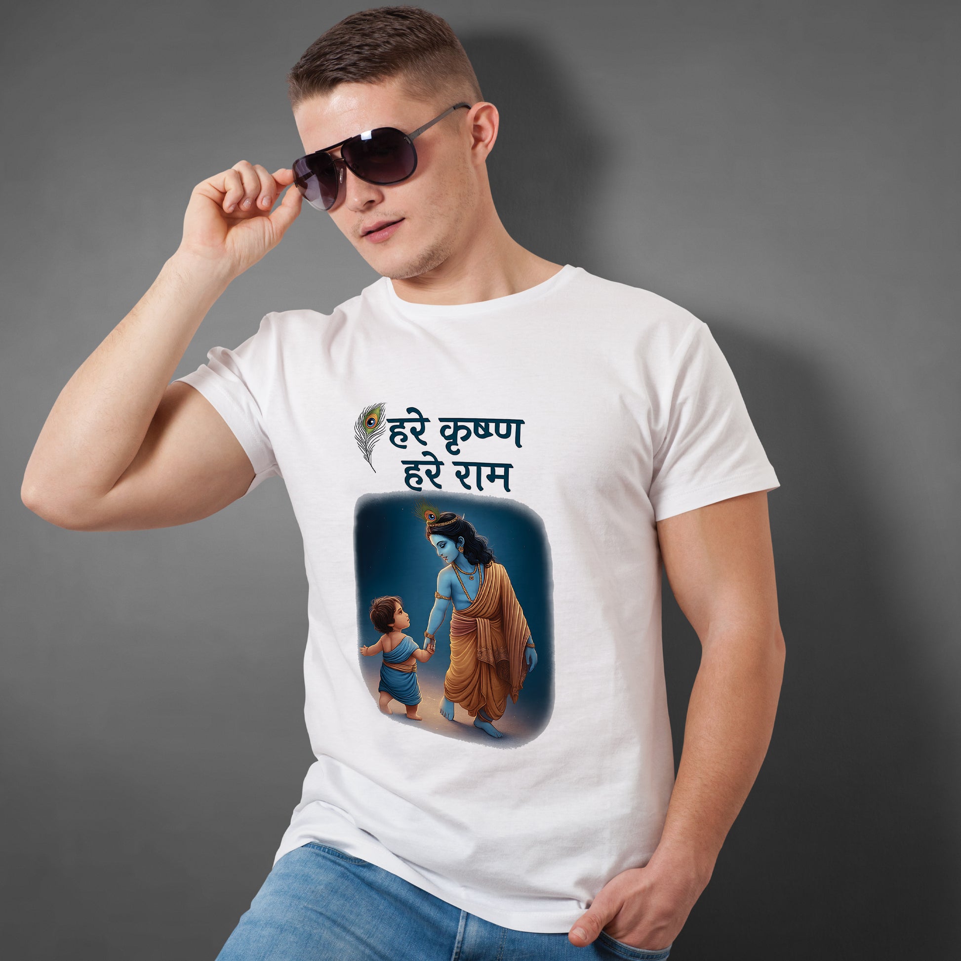 Keshav printed white premium cotton round neck T-shirt front view | Binayak Stores