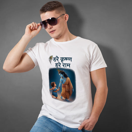 Keshav printed white premium cotton round neck T-shirt front view | Binayak Stores