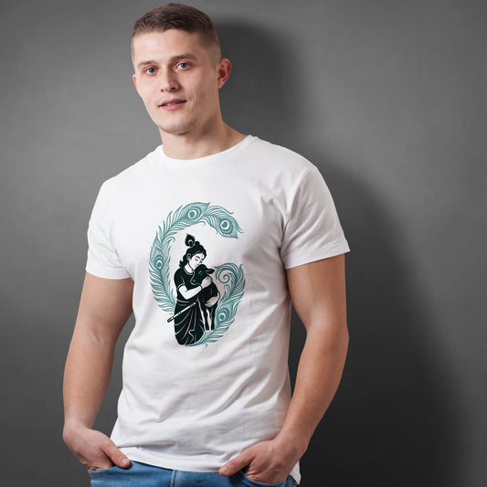 Krishna silhouette printed white premium cotton round neck T-shirt for men