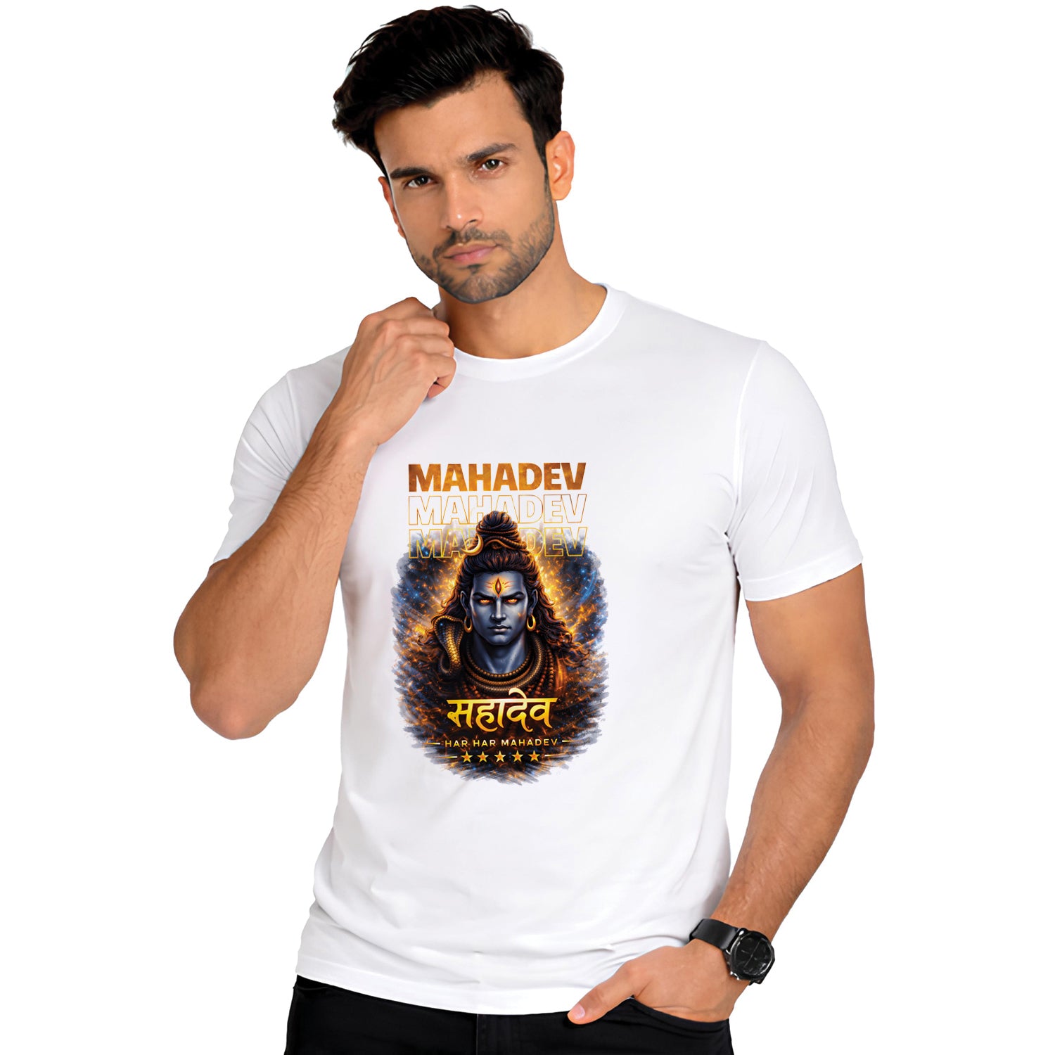 Om Namah Shivaya Printed White Cotton T-Shirt Side Model View | Binayak Stores