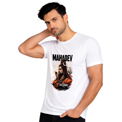 Mahadev Shiva Printed White Cotton T-Shirt Side Model View | Binayak Stores