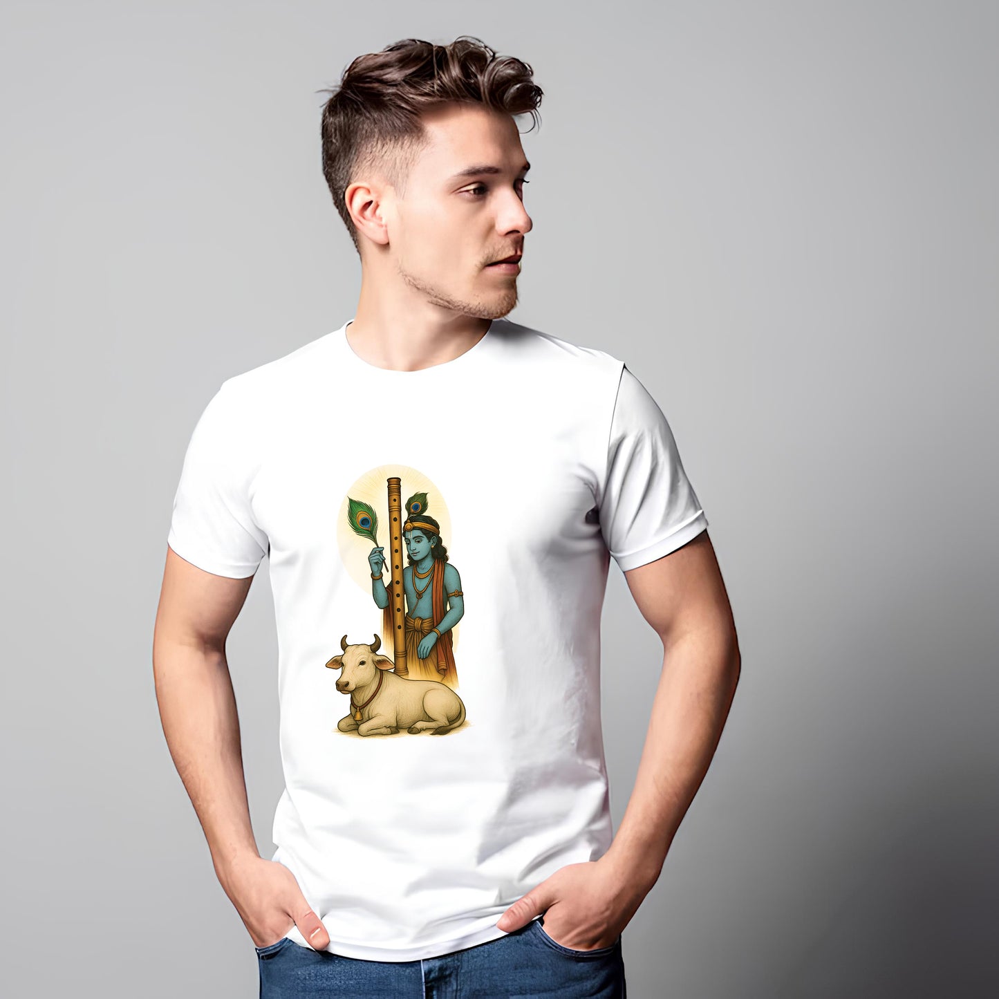 Madhav printed white premium cotton round neck T-shirt front view | Binayak Stores