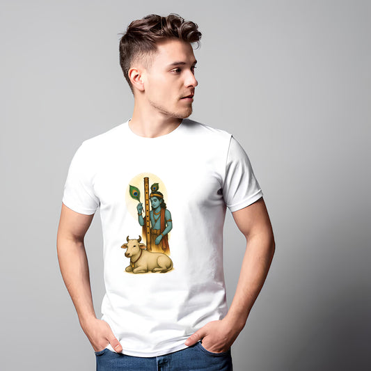 Madhav printed white premium cotton round neck T-shirt front view | Binayak Stores