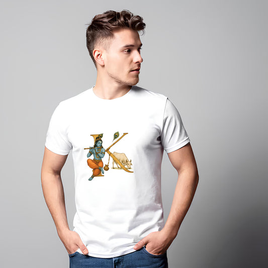 Krishna letter art printed white premium cotton round neck T-shirt