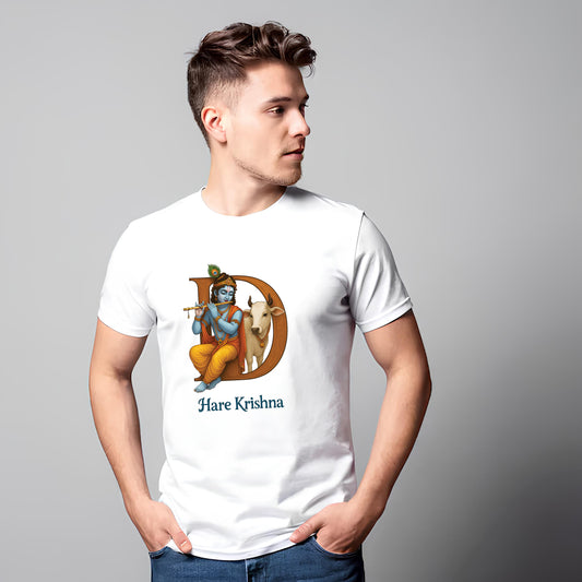 Krishna typography printed white premium cotton round neck T-shirt for men
