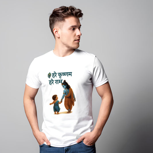 Standing Krishna printed white premium cotton round neck T-shirt for men
